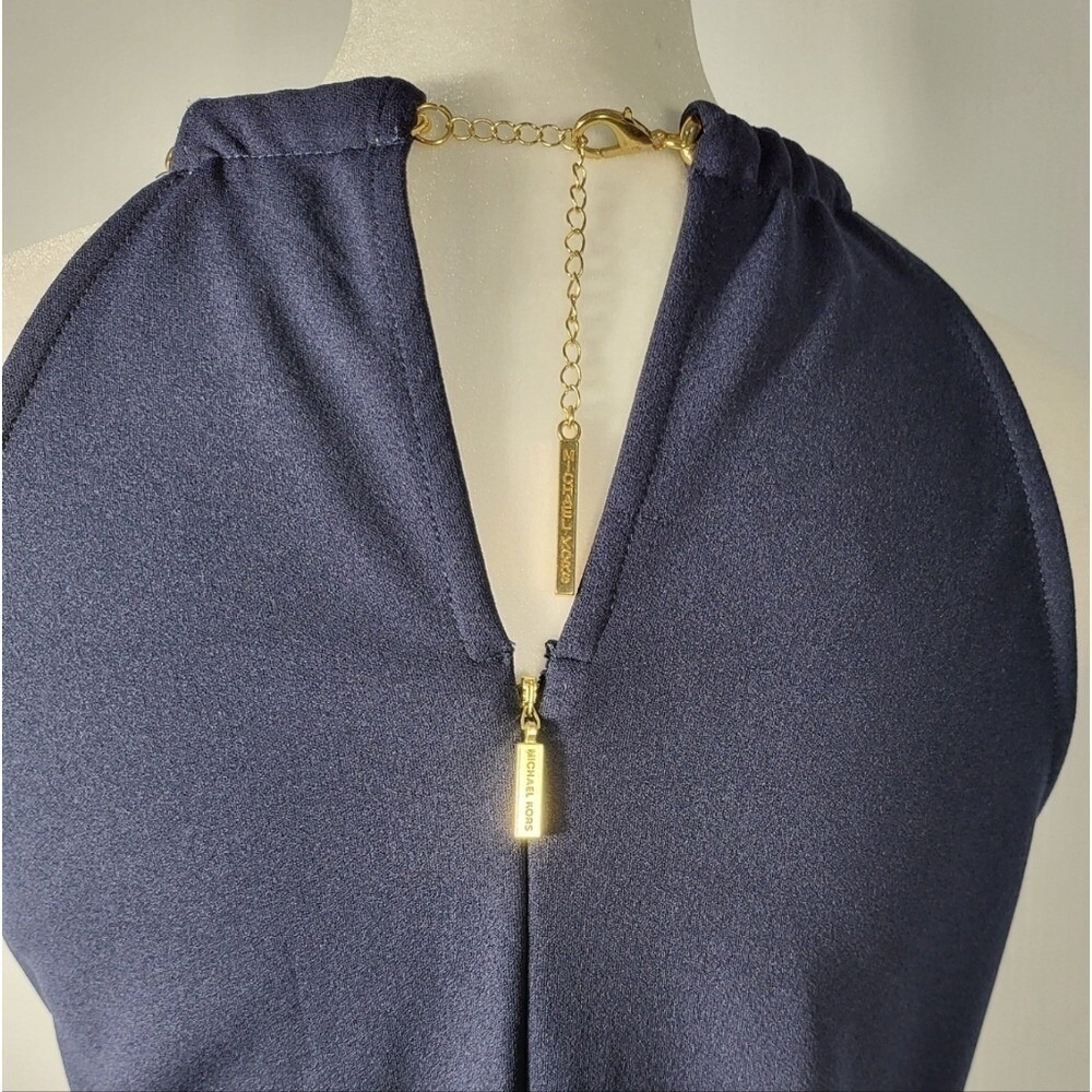 Michael Kors Navy Blue Studded Chain Halter Mini Dress Gold Hardware Large - Picture 9 of 9